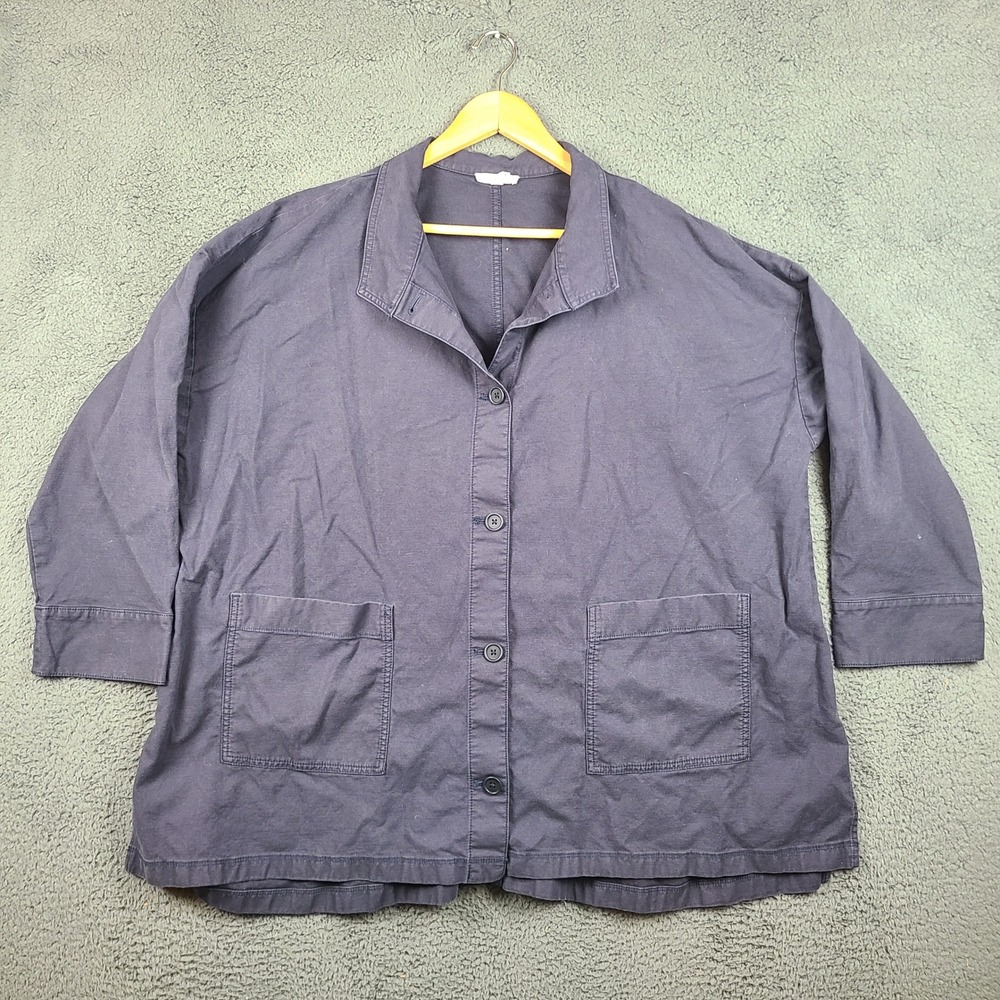 Eileen Fisher Organic Cotton Hemp Blend Button Front Jacket Navy Blue 2X